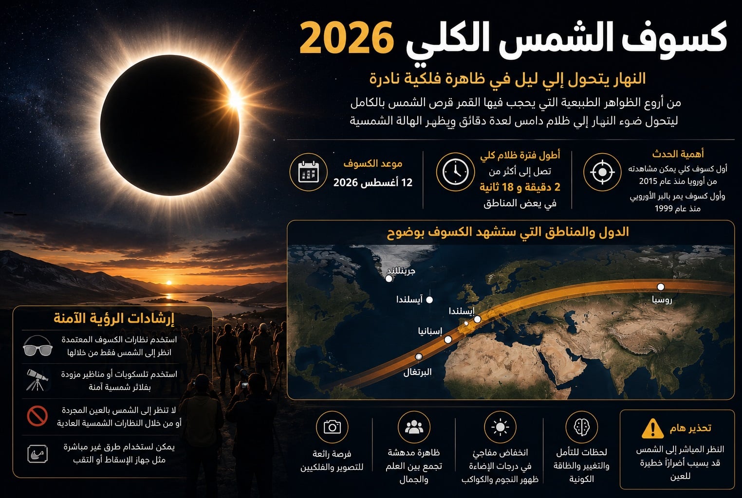 كسوف الشمس الكلي 2026 يحول النهار إلى ليل.. الموعد وأماكن المشاهدة حول العالم بالتفصيل