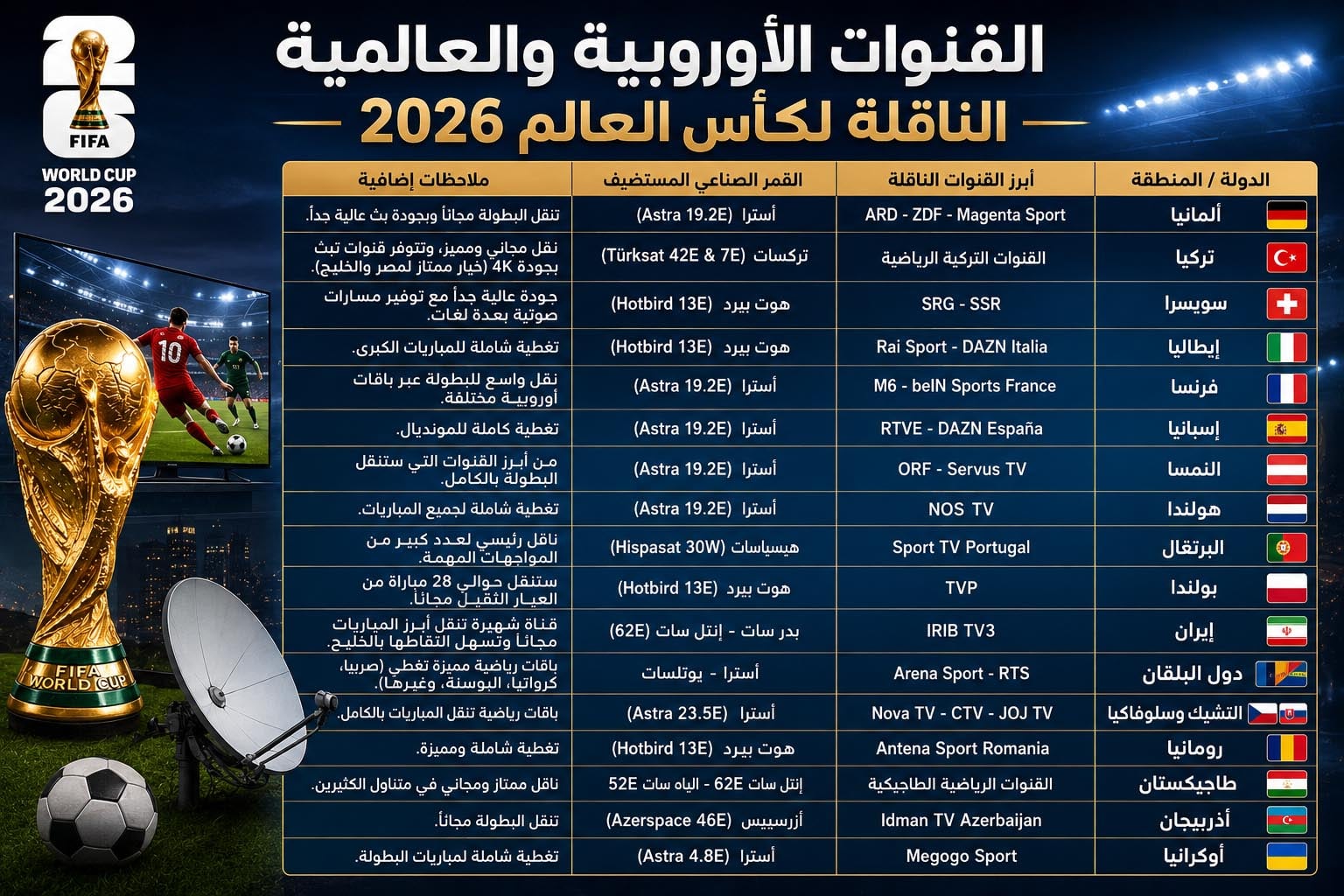 القنوات الناقلة لكأس العالم 2026 مجانًا.. أفضل طريقة لمشاهدة المباريات بدون تشفير ومع تعليق عربي