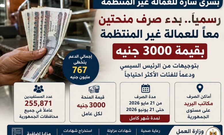 رسميًا.. صرف دعم 3000 جنيه للعمالة غير المنتظمة قبل عيد الأضحى 2026