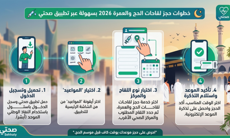 حجز لقاحات الحج والعمرة 2026 عبر تطبيق صحتي خطوة بخطوة قبل موسم الحج