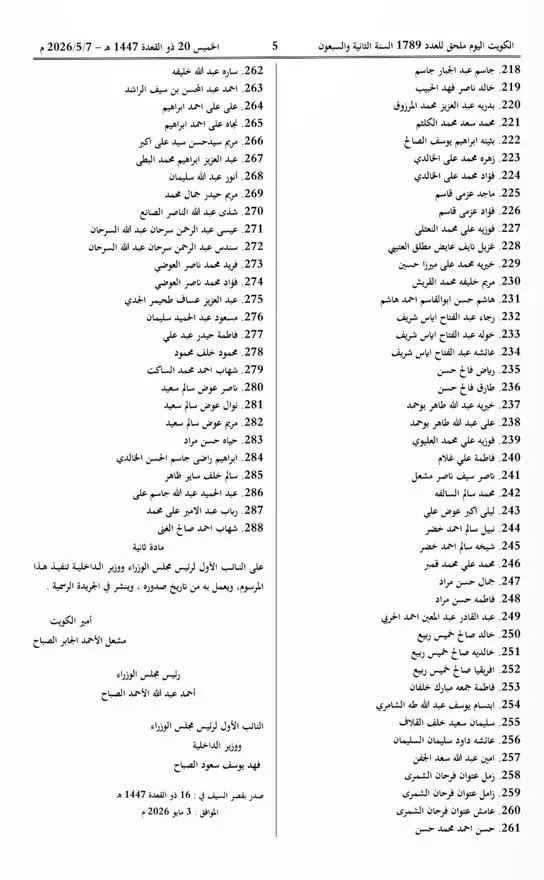 عاجل.. الجريدة الرسمية تكشف أسماء المسحوبة جناسيهم في الكويت اليوم 7 مايو 2026