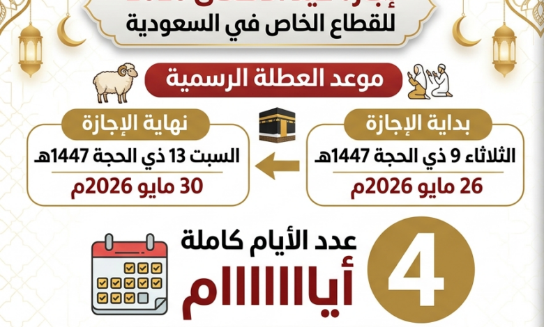 موعد إجازة عيد الأضحى 2026 في السعودية للقطاع الخاص وعدد أيام العطلة الرسمية