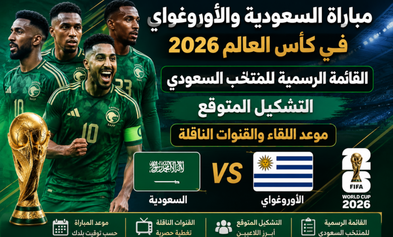 مباراة السعودية والأوروغواي في كأس العالم 2026.. القائمة الرسمية للمنتخب السعودي والتشكيل المتوقع وموعد اللقاء والقنوات الناقلة