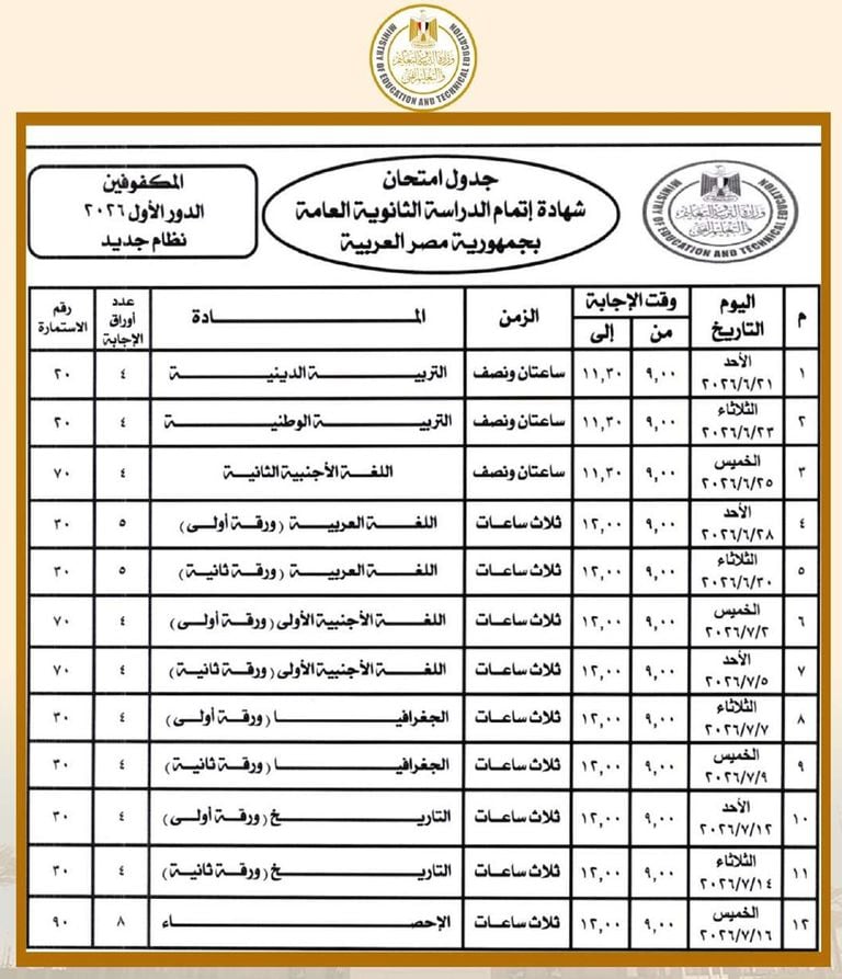 جدول امتحانات الثانوية العامة 2026 رسميًا.. مواعيد جميع المواد للنظامين الجديد والقديم