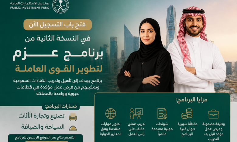 صندوق الاستثمارات العامة يعلن فتح التسجيل في برنامج عزم 2026.. وظائف مضمونة ومكافآت شهرية للمتدربين