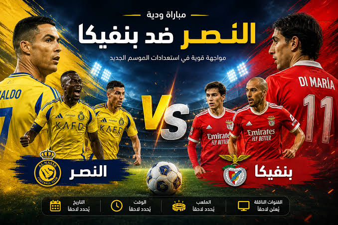 موعد مباراة النصر وبنفيكا الودية 2026.. القنوات الناقلة والتشكيل المتوقع وموعد انطلاق اللقاء