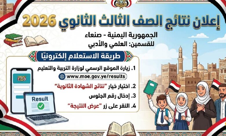 رابط نتائج الصف الثالث الثانوي 2026 اليمن صنعاء علمي وأدبي بالاسم ورقم الجلوس