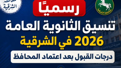 رسميًا تنسيق الثانوية العامة 2026 في الشرقية.. درجات القبول بعد اعتماد المحافظ