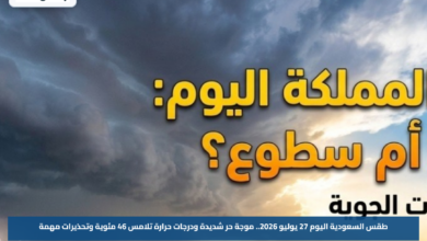 طقس السعودية اليوم 27 يوليو 2026.. موجة حر شديدة ودرجات حرارة تلامس 46 مئوية وتحذيرات مهمة