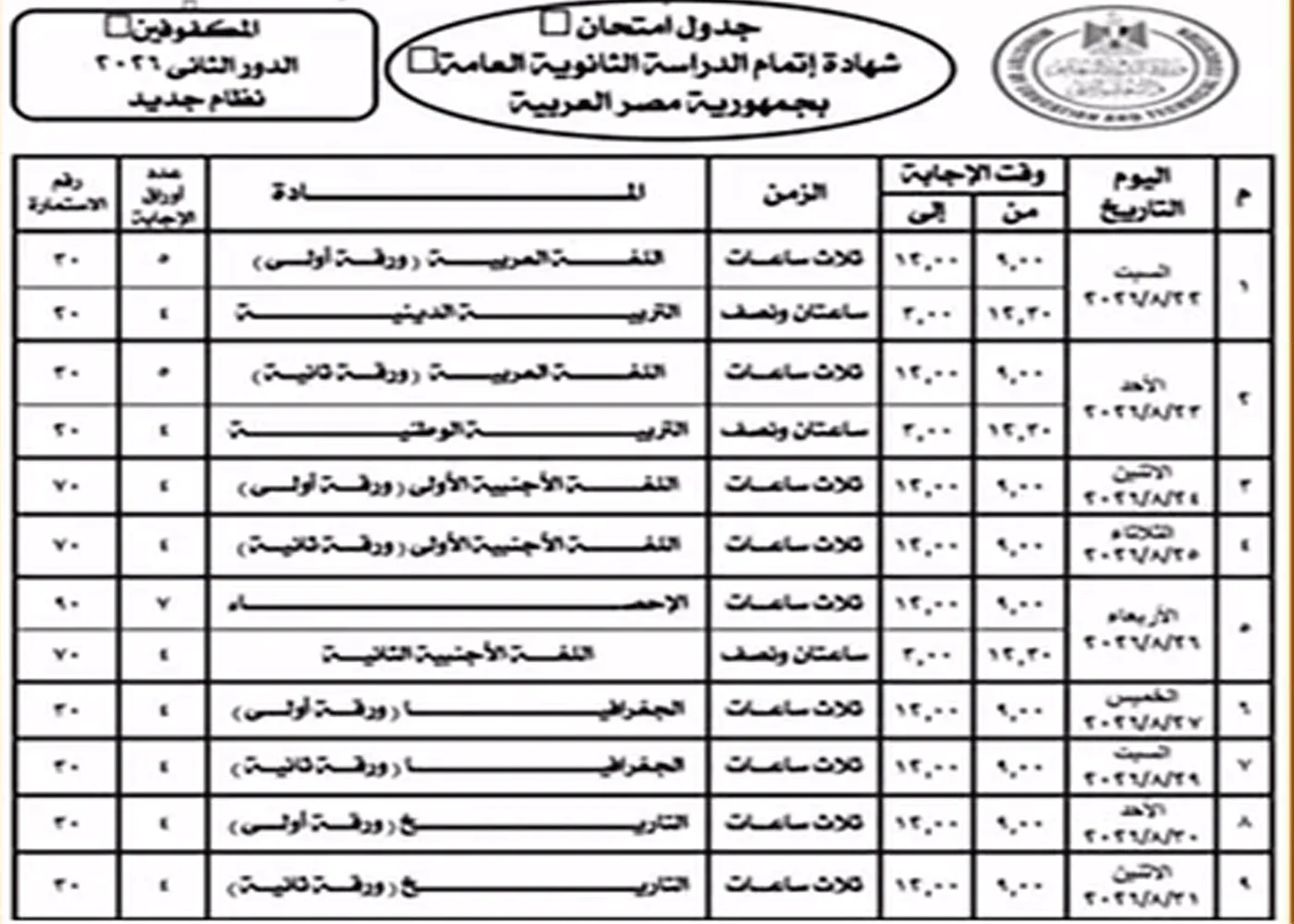 امتحانات الثانوية العامة الدور الثاني 2026.. الجدول الرسمي وموعد بداية الاختبارات