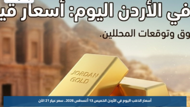 أسعار الذهب اليوم في الأردن الخميس 13 أغسطس 2026.. سعر عيار 21 الآن