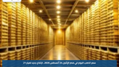 سعر الذهب اليوم في مصر الإثنين 24 أغسطس 2026.. ارتفاع جديد لعيار 21