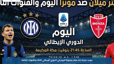 موعد مباراة إنتر ميلان ومونزا اليوم في الدوري الإيطالي 2026 والقنوات الناقلة