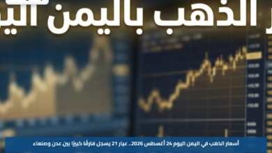 أسعار الذهب في اليمن اليوم 24 أغسطس 2026.. عيار 21 يسجل فارقًا كبيرًا بين عدن وصنعاء