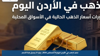 سعر الذهب في الأردن اليوم 9 أغسطس 2026.. عيار 21 يسجل هذا السعر