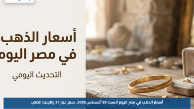 أسعار الذهب في مصر اليوم السبت 29 أغسطس 2026.. سعر عيار 21 والجنيه الذهب