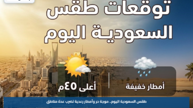 طقس السعودية اليوم.. موجة حر وأمطار رعدية تضرب عدة مناطق