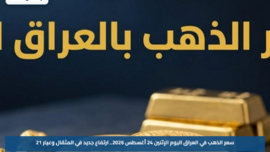 سعر الذهب في العراق اليوم الإثنين 24 أغسطس 2026.. ارتفاع جديد في المثقال وعيار 21