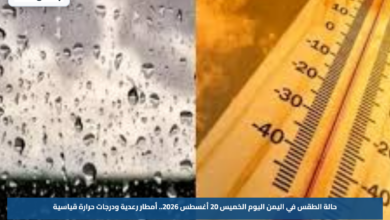 حالة الطقس في اليمن اليوم الخميس 20 أغسطس 2026.. أمطار رعدية ودرجات حرارة قياسية