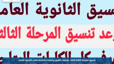 تنسيق المرحلة الثالثة 2026.. مؤشرات القبول والكليات المتاحة لطلاب الثانوية العامة