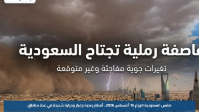 طقس السعودية اليوم 16 أغسطس 2026.. أمطار رعدية وغبار وحرارة شديدة في عدة مناطق
