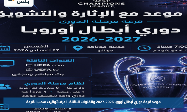 موعد قرعة دوري أبطال أوروبا 2026-2027 والقنوات الناقلة.. اعرف توقيت سحب القرعة