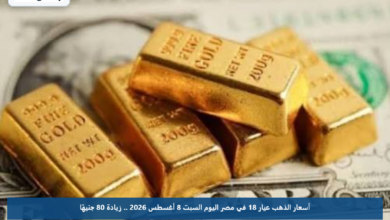 أسعار الذهب عيار 18 في مصر اليوم السبت 8 أغسطس 2026 .. زيادة 80 جنيهًا