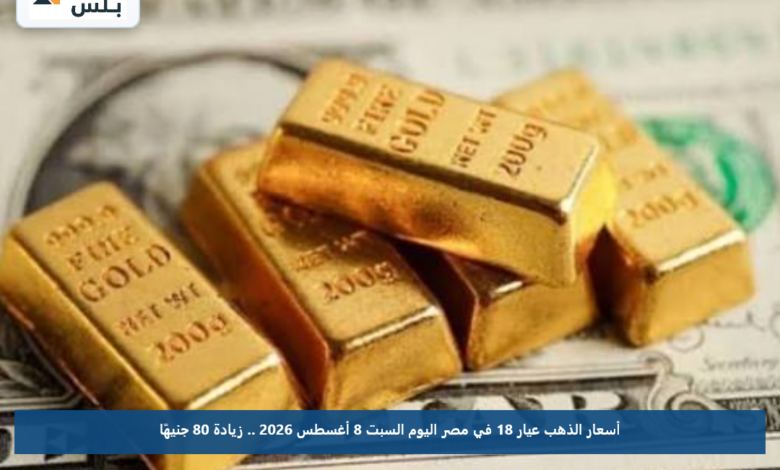 أسعار الذهب عيار 18 في مصر اليوم السبت 8 أغسطس 2026 .. زيادة 80 جنيهًا