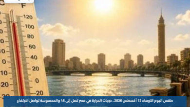 طقس اليوم الأربعاء 12 أغسطس 2026.. درجات الحرارة في مصر تصل إلى 45 والمحسوسة تواصل الارتفاع