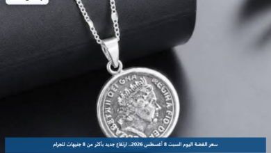 سعر الفضة اليوم السبت 8 أغسطس 2026.. ارتفاع جديد بأكثر من 8 جنيهات للجرام