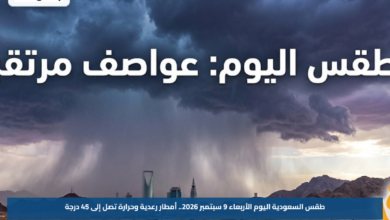 طقس السعودية اليوم الأربعاء 9 سبتمبر 2026.. أمطار رعدية وحرارة تصل إلى 45 درجة