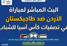 القنوات الناقلة لمباراة الأردن وطاجيكستان اليوم في تصفيات كأس آسيا تحت 20 عامًا