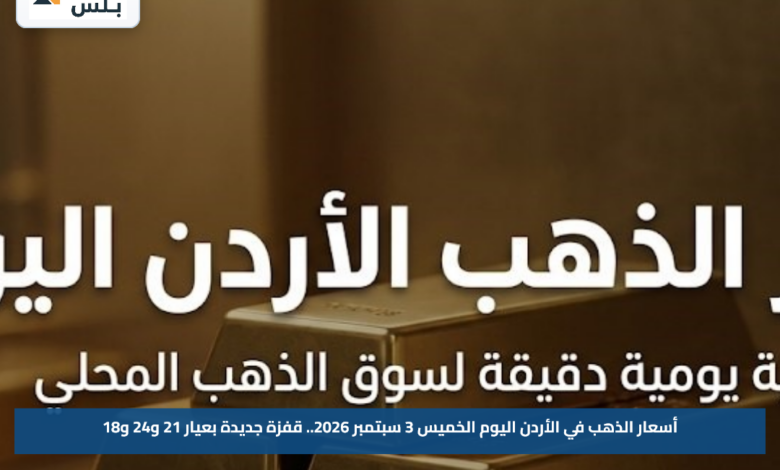 أسعار الذهب في الأردن اليوم الخميس 3 سبتمبر 2026.. قفزة جديدة بعيار 21 و24 و18
