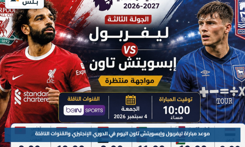 موعد مباراة ليفربول وإبسويتش تاون اليوم في الدوري الإنجليزي والقنوات الناقلة