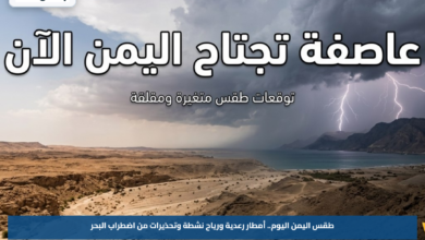 طقس اليمن اليوم.. أمطار رعدية ورياح نشطة وتحذيرات من اضطراب البحر