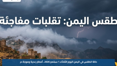 حالة الطقس في اليمن اليوم الثلاثاء 1 سبتمبر 2026.. أمطار رعدية وموجة حر
