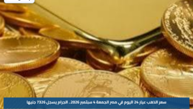 سعر الذهب عيار 24 اليوم في مصر الجمعة 4 سبتمبر 2026.. الجرام يسجل 7326 جنيها