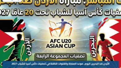 الأردن ضد البحرين اليوم.. موعد المباراة والقنوات الناقلة في تصفيات كأس آسيا للشباب 2027